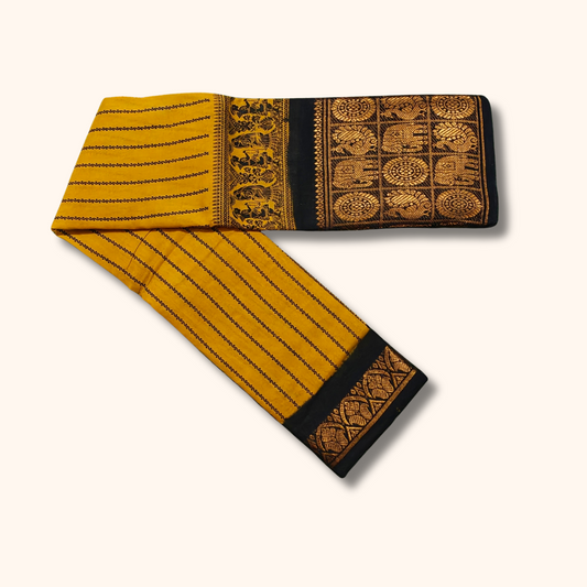 Mustard Yellow Sungudi Cotton Saree with Traditional Stripes & Black-Gold Heritage Border