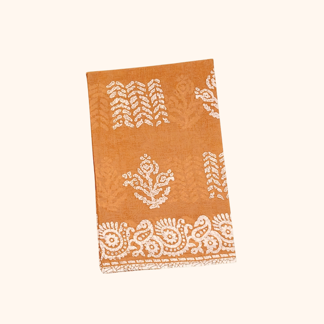 Rust Orange Cotton Saree with White Floral & Paisley Border – Separate Blouse