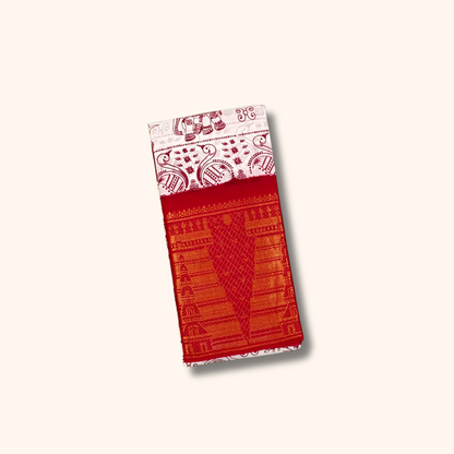 Off White Elephant & Floral Print Cotton Saree with Red Temple Border