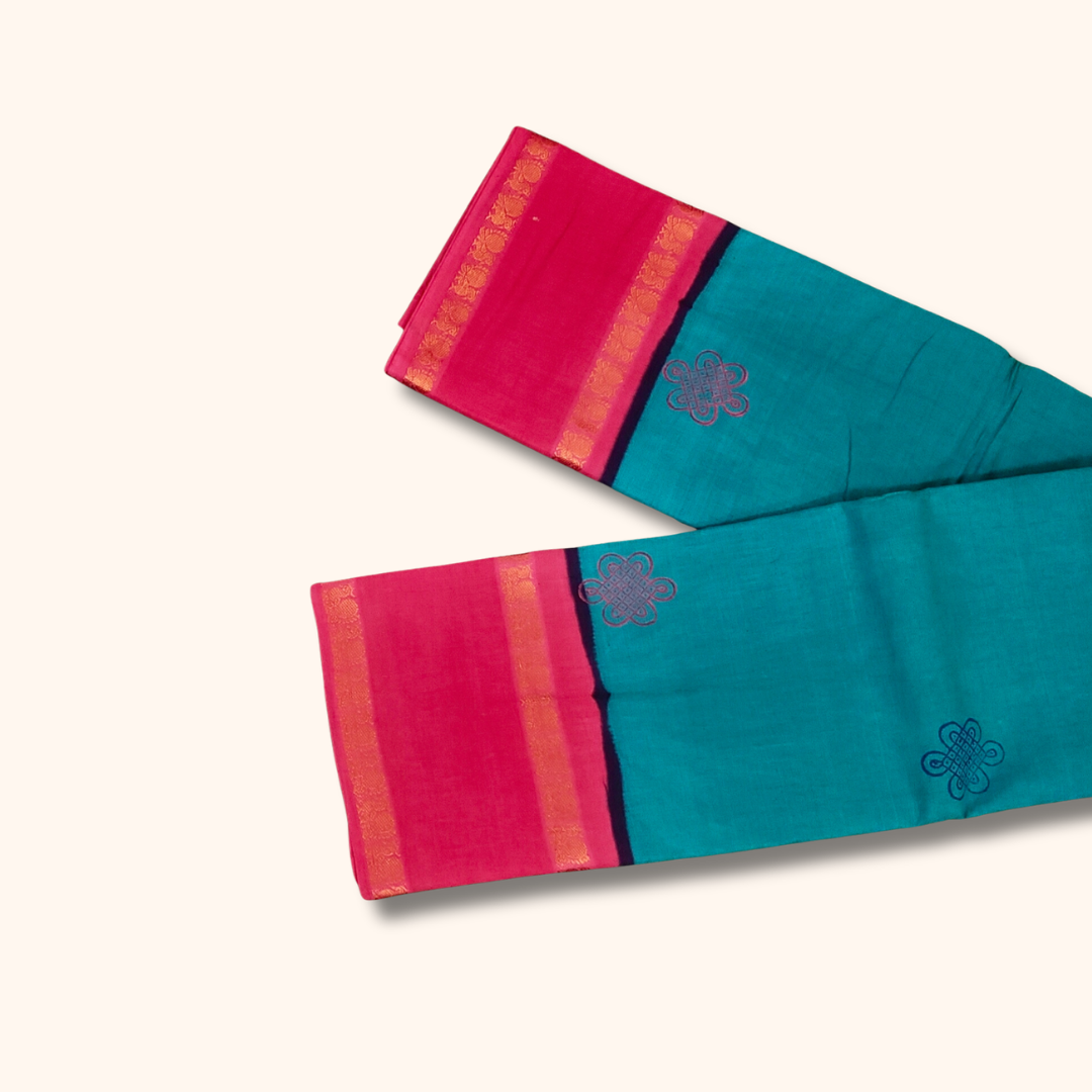 Turquoise Blue Cotton Saree with Pink Border – Running Blouse