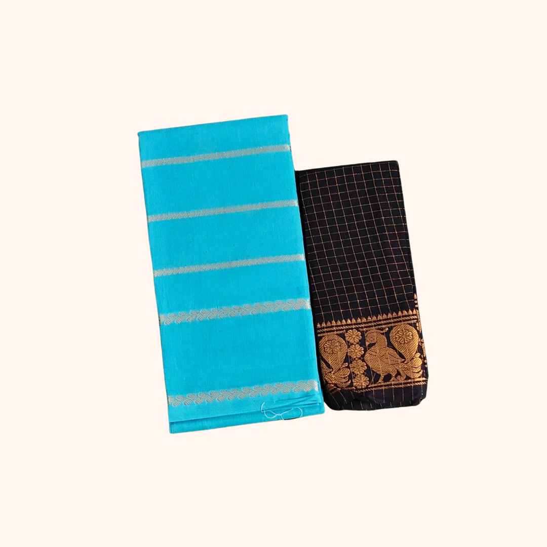 Turquoise Blue Sungudi Cotton Saree with Peacock Border Blouse