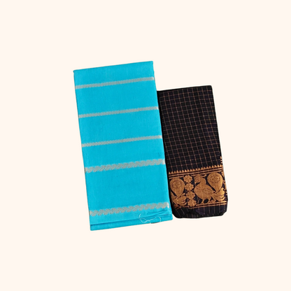 Turquoise Blue Sungudi Cotton Saree with Peacock Border Blouse