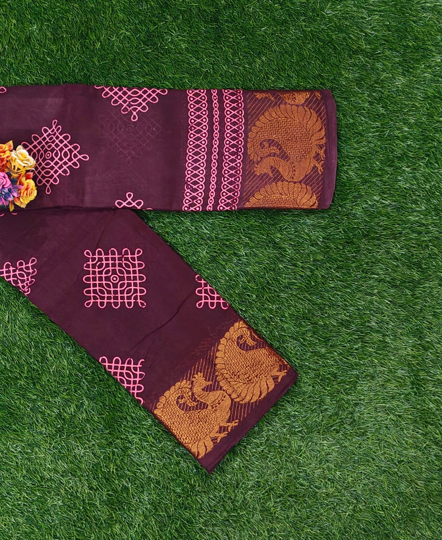 Dark Maroon Cotton Saree with Pink Thread Kolam Design & Peacock Border