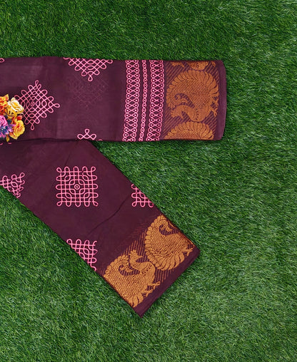 Dark Maroon Cotton Saree with Pink Thread Kolam Design & Peacock Border