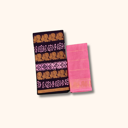 Deep Plum Batik Cotton Saree with Pink Separate Blouse Piece