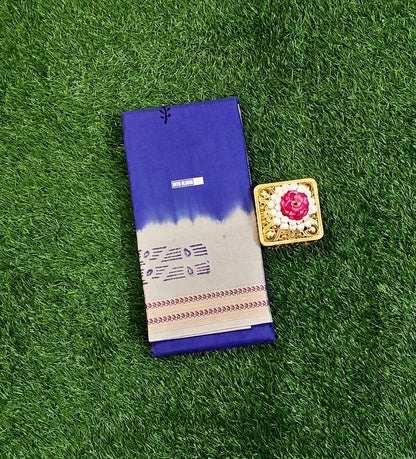 Beautiful Royal Blue Sungudi Cotton Saree with Off-White Contrast Border & Running Blouse