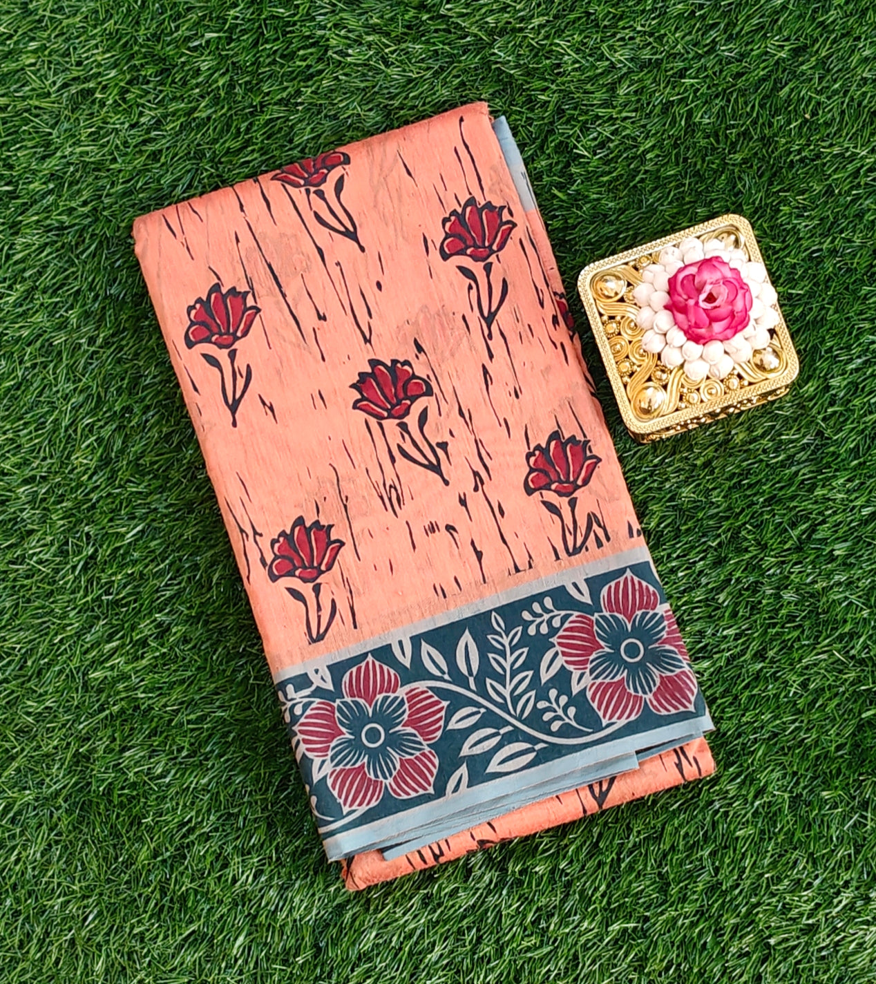 Rust Orange Shade South Indian Pure Cotton Floral Printed Saree