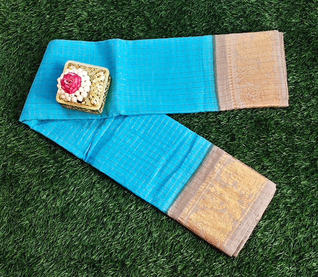 Authentic Pure Cotton Gold Checked Saree – Sky Blue with Elegant Zari Border