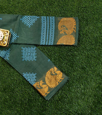 Bottle Green Sungudi Cotton Saree with Blue Kolam Motifs & Peacock Zari Border