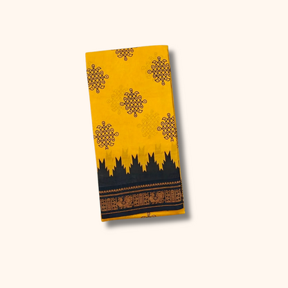 Mustard Yellow & Black Temple Border Kolam Sungudi Cotton Saree