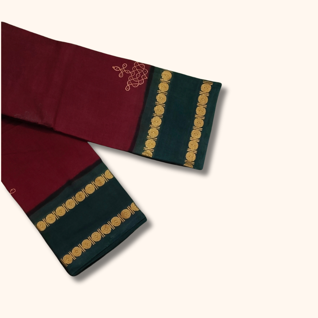 Maroon Cotton Saree with Dark Green Border and Gold Motifs – Running Blouse