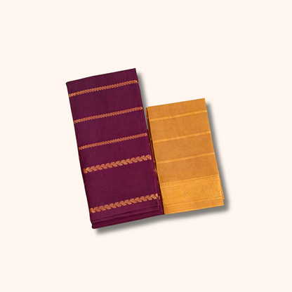 Dark purple Sungudi Cotton Saree with Contrast Mustard Blouse Piece