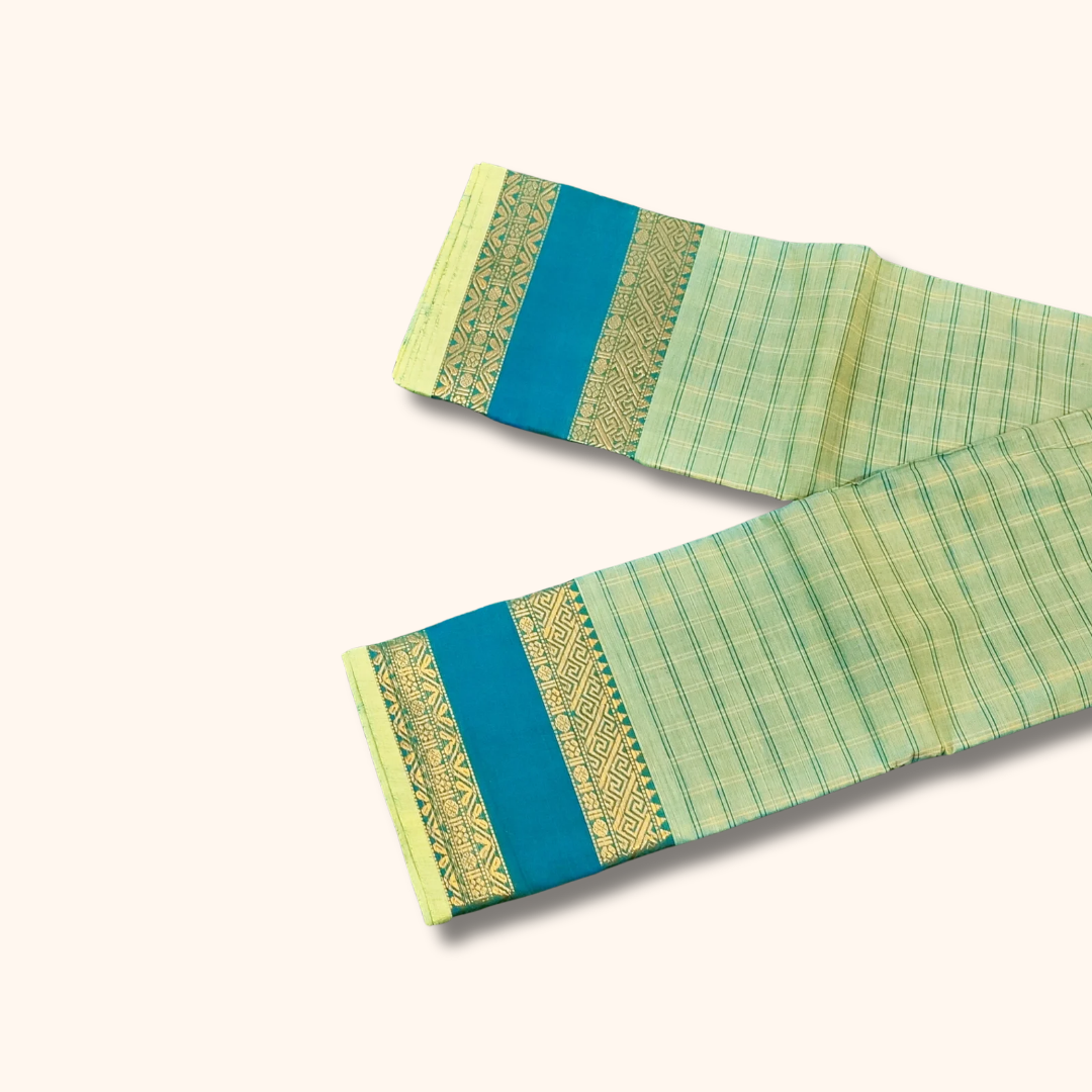 Light Green Chettinad Cotton Saree with Teal Blue Border