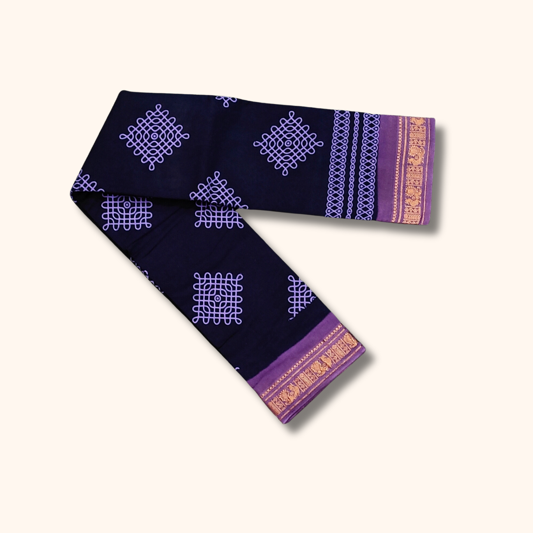 Navy Blue Kolam Sungudi Cotton Saree with Lavender Border