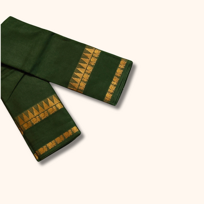 Dark Green Cotton Saree with Gold Zari Stripes & Traditional Border – Running Blouse Included