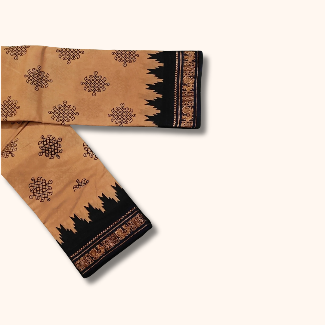 Beige Kolam Sungudi Cotton Saree with Black Temple Border