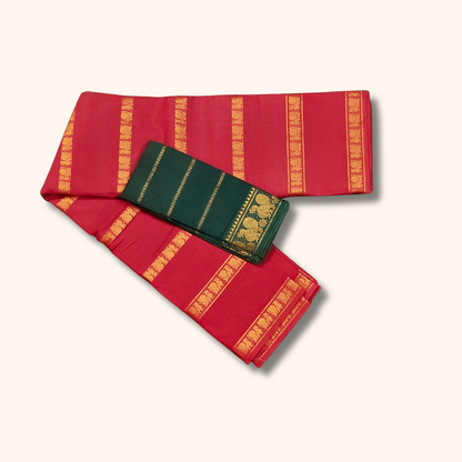 Light Rose Cotton Saree with Gold Zari Border & Bottle Green Separate Blouse