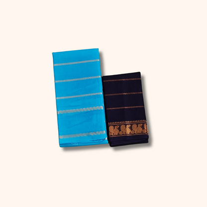 Sky Blue Sungudi Cotton Saree with Navy Blue Contrast Blouse