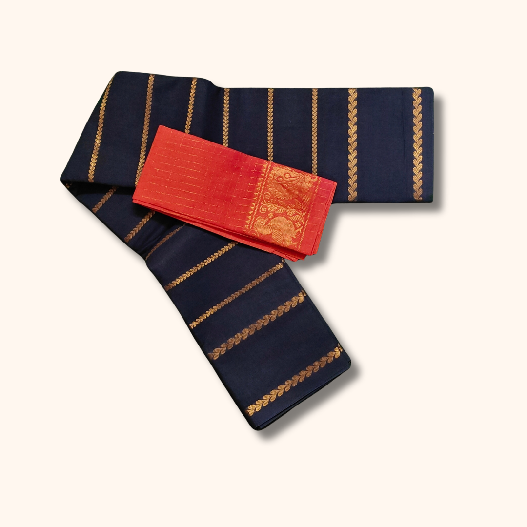 Navy Blue Sungudi Cotton Saree with Gold Stripes & Contrast Red Blouse Piece