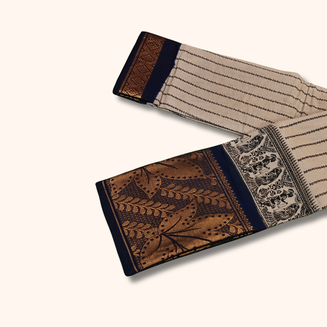 Grey Striped Sungudi Cotton Saree with Black Zari Border