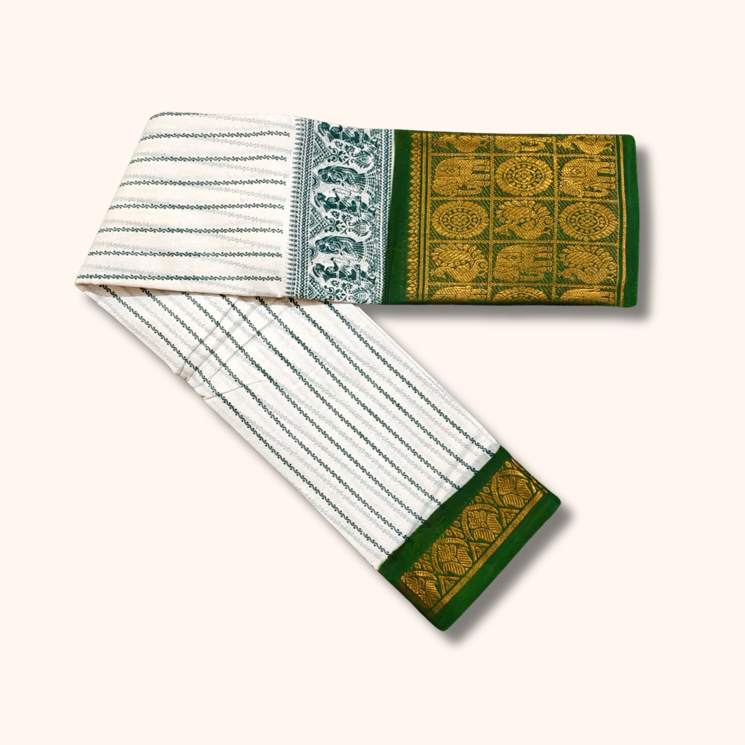 Beautiful White Sungudi Cotton Saree with Green Elephant Border