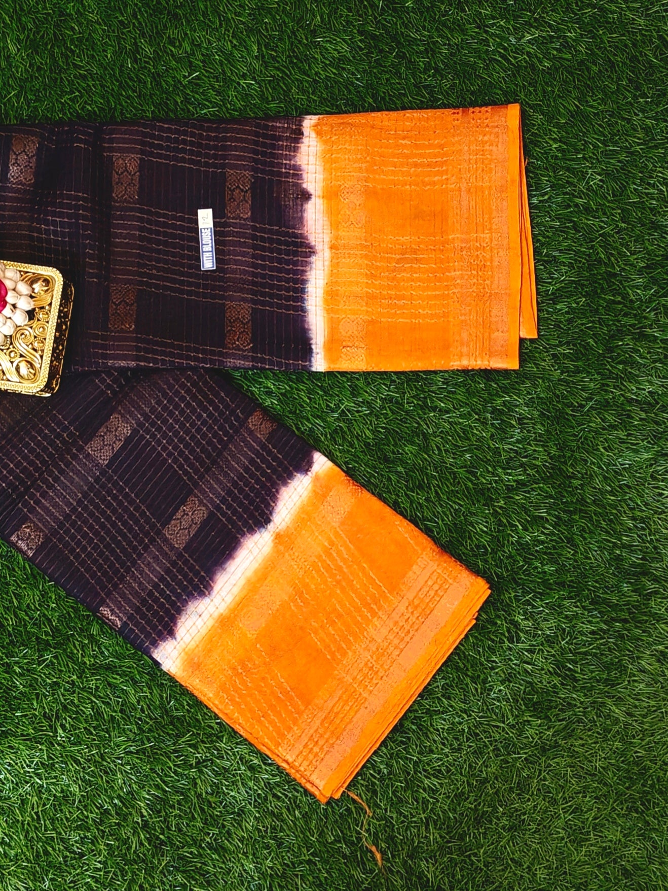 Dark Brown & Mustard Thread Work Cotton Saree with Contrast Border