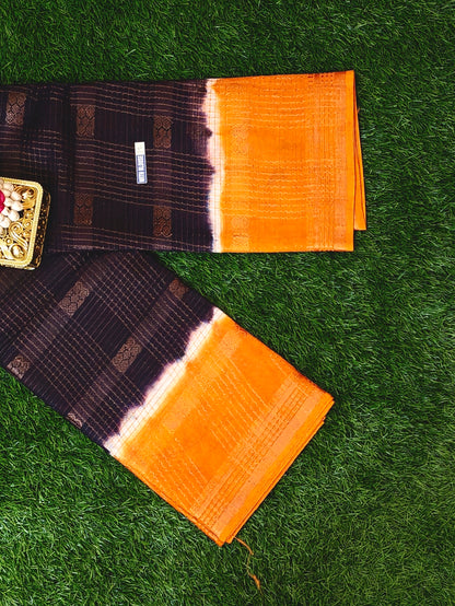 Dark Brown & Mustard Thread Work Cotton Saree with Contrast Border