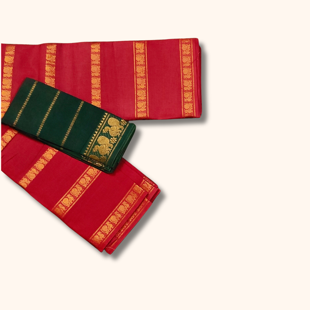 Light Rose Cotton Saree with Gold Zari Border & Bottle Green Separate Blouse