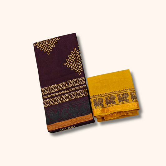 Dark Maroon Sungudi Cotton Saree with Mustard Traditional Kolam Design Saree