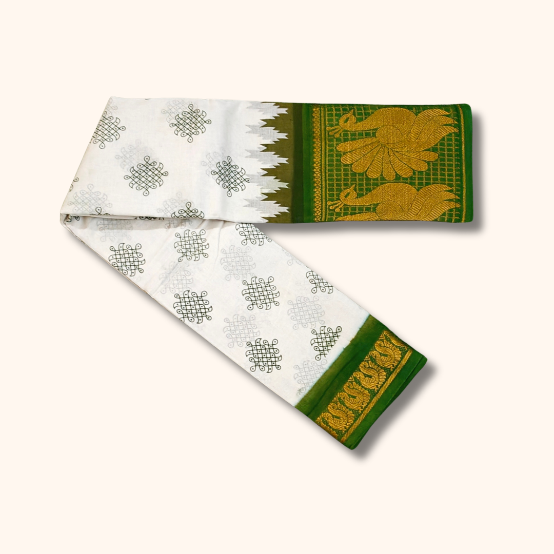 White & Green Peacock Border Kolam Sungudi Cotton Saree