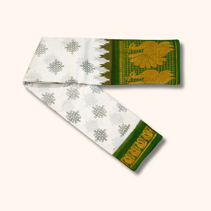 White & Green Peacock Border Kolam Sungudi Cotton Saree