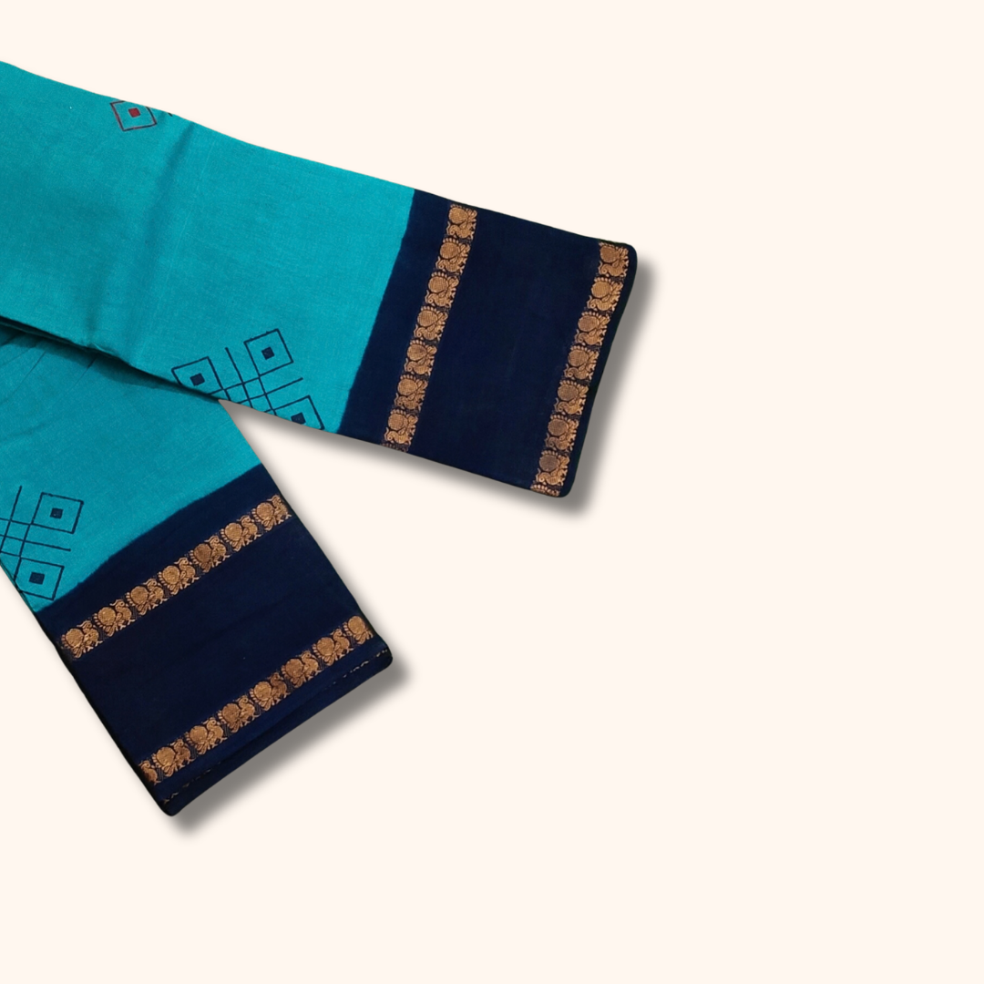Turquoise Blue Cotton Saree with Navy Blue Border