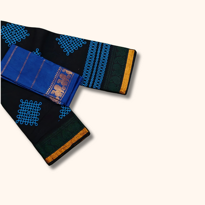 Black Cotton Saree with Blue Kolam Design & Gold Border