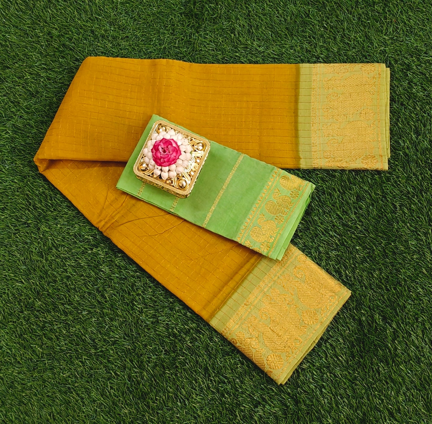 Mustard Sungudi Cotton Saree with Light Green Zari Border & Separate Blouse Piece