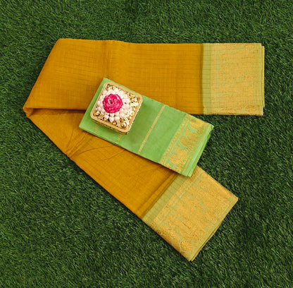 Mustard Sungudi Cotton Saree with Light Green Zari Border & Separate Blouse Piece
