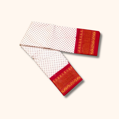 Off-White & Red Sungudi Cotton Saree with Small Dot Pattern & Zari Border