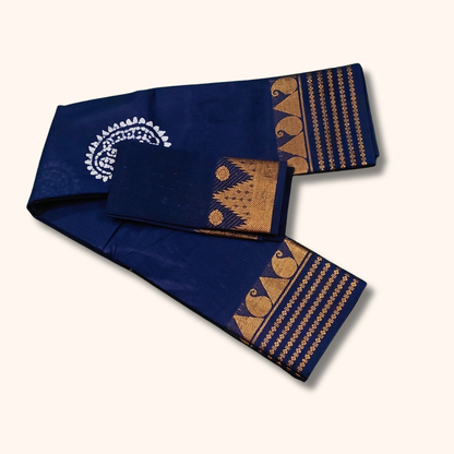 Royal Navy Blue Sungudi Cotton Saree with Traditional Gold Zari Border & Matching Blouse Piece
