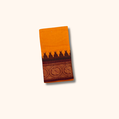 Mustard Orange Sungudi Cotton Saree with Maroon Peacock Zari Border