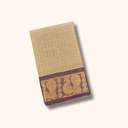 Beige Chettinad Cotton Saree with Purple Peacock Zari Border