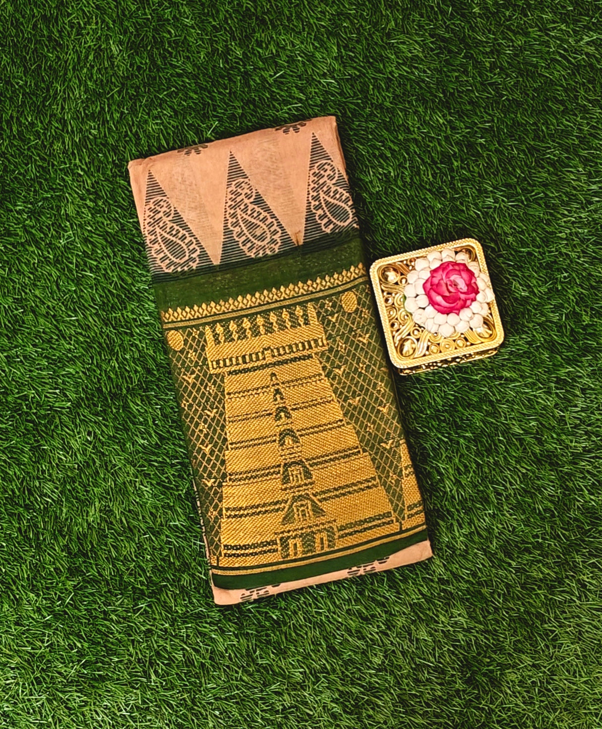 Authentic Peach Cotton Saree with Green Temple Border – Traditional Printed Design