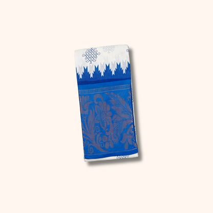 White & Royal Blue Printed Sungudi Cotton Saree with Traditional Zari Border