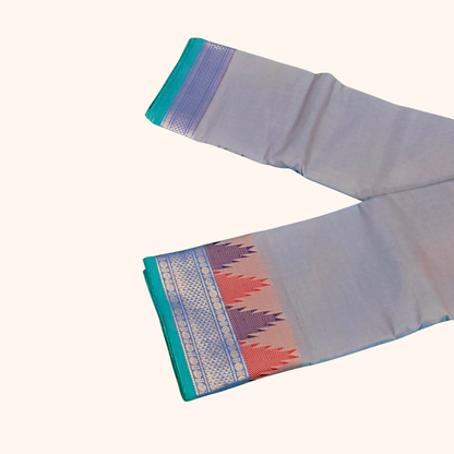 Bluish Grey Chettinad Cotton Saree with Traditional Contrast Border