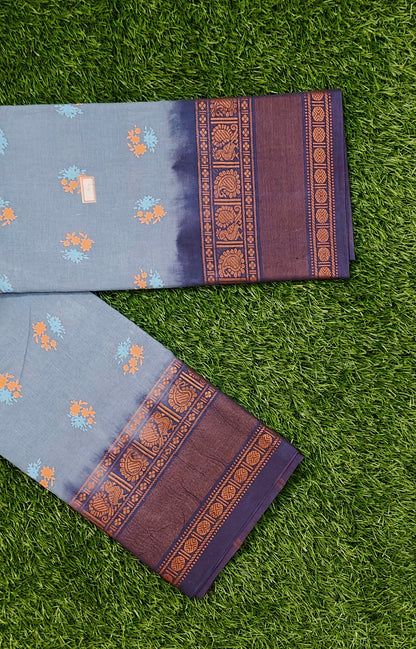 Steel Blue Cotton Saree with Floral Buttas & Contrast Border
