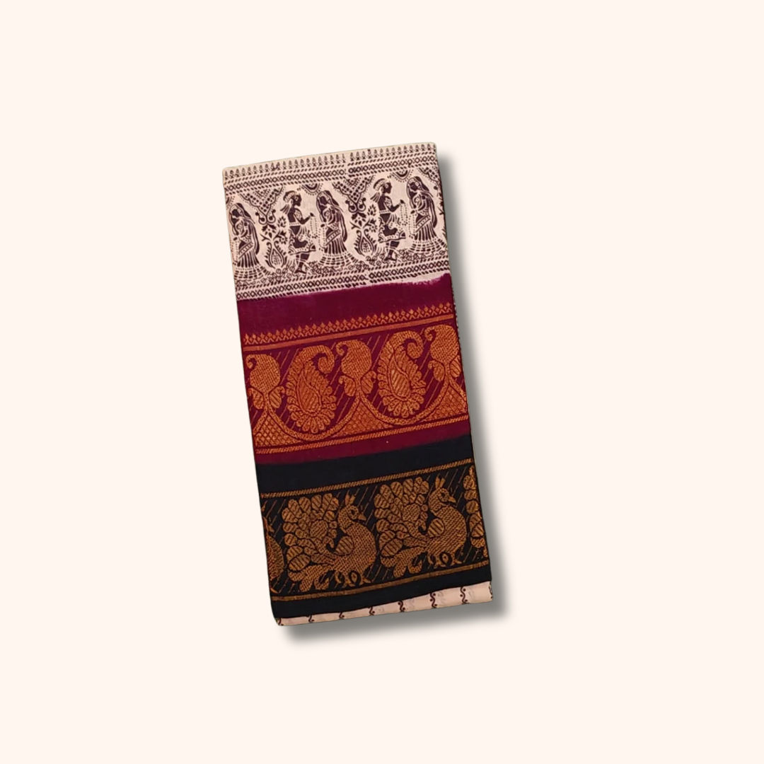 Double Border Sungudi Cotton Saree with Traditional Folk Art Design