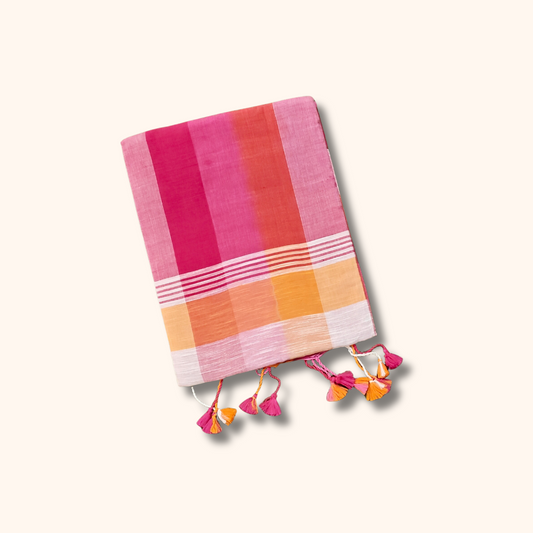 Mulmul Cotton Checks Saree in Pink & Peach