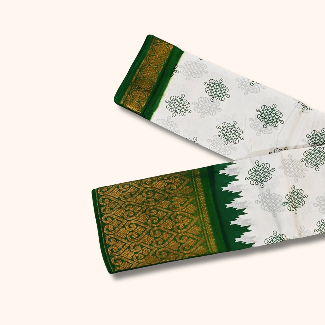 White Sungudi Cotton Saree with Green and Gold Zari Traditional Border – No Blouse Included