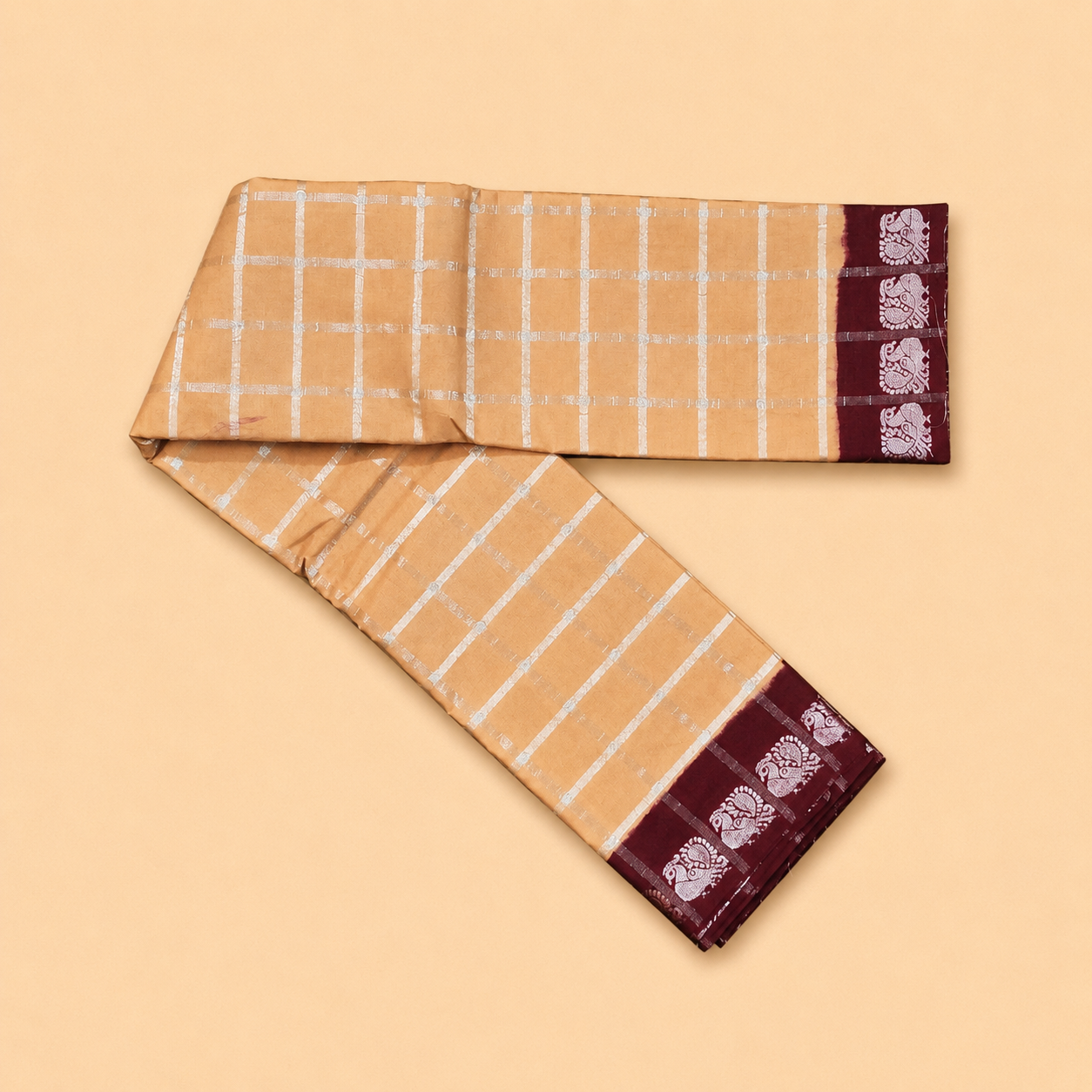 Peach Checked Sungudi Cotton Saree with Maroon Border