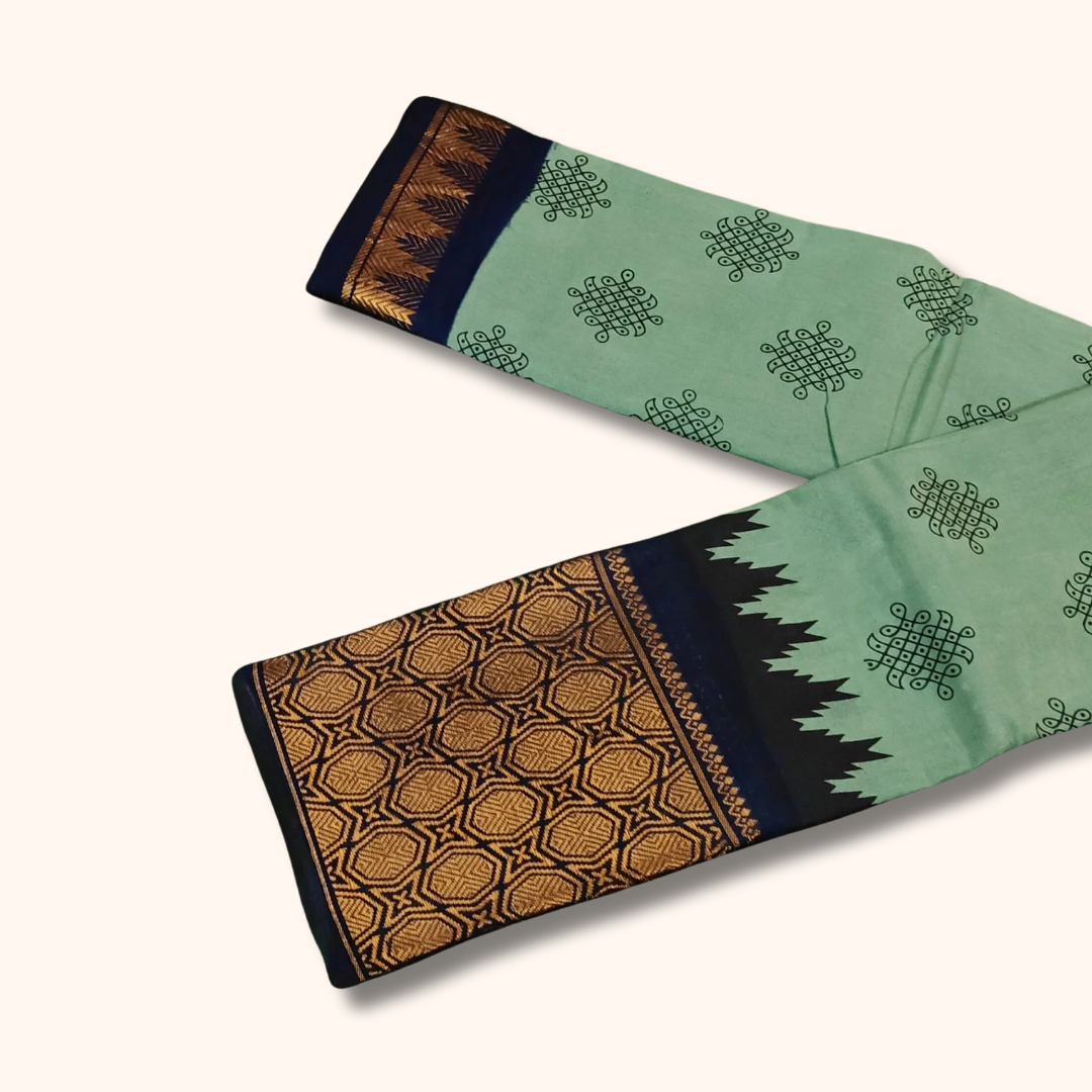 Mint Green Kolam Sungudi Cotton Saree with Black Designer Border