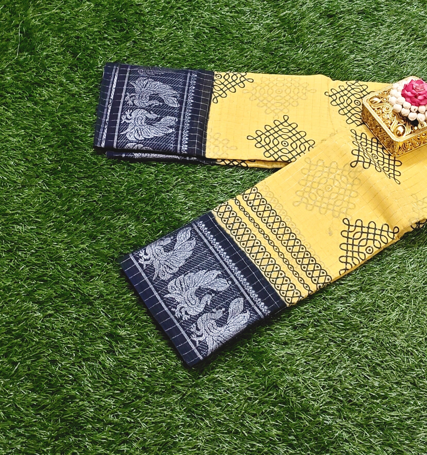 Beautiful Lemon Yellow Kolam Design Sungudi Cotton Saree with Black Zari Border