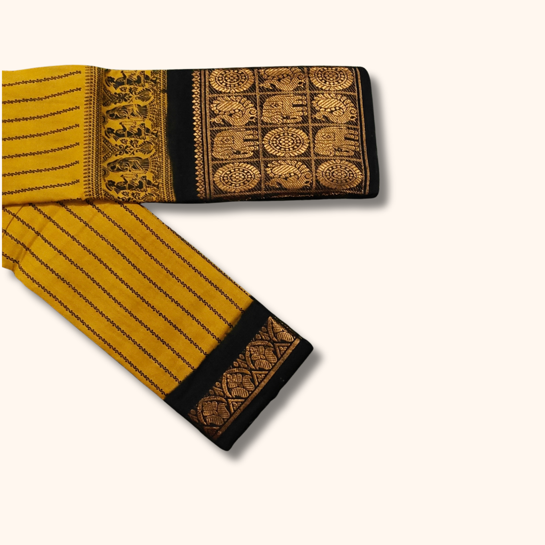 Mustard Yellow Sungudi Cotton Saree with Traditional Stripes & Black-Gold Heritage Border